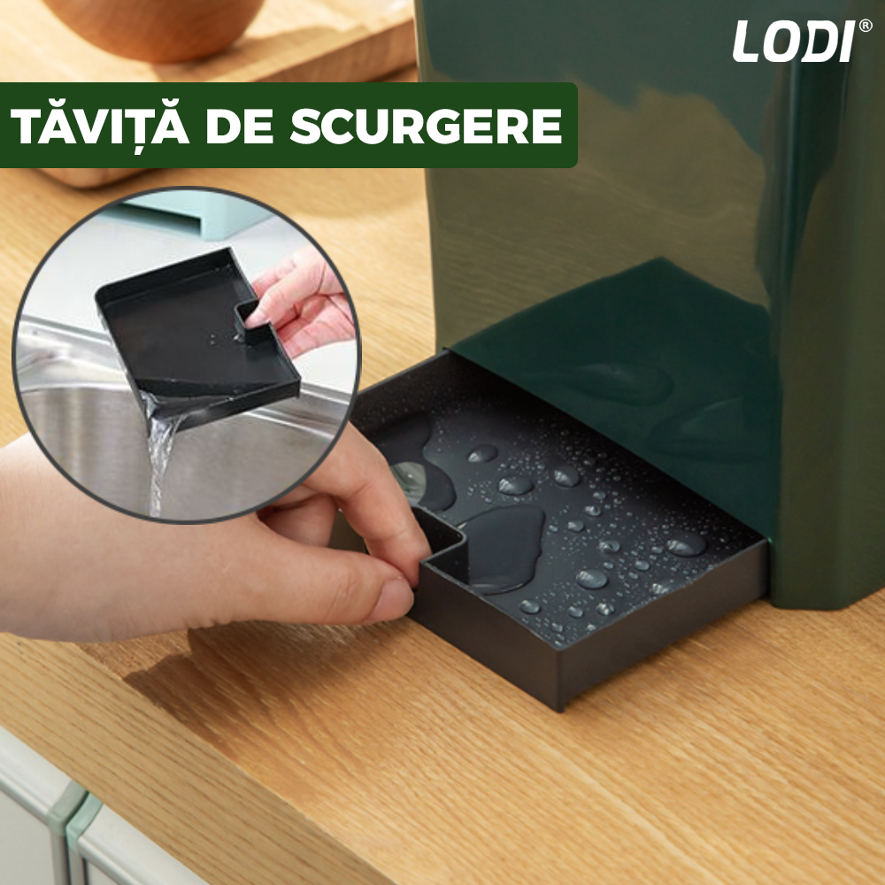 Organizator Multifunctional pentru Bucatarie Lodi533, 6 Compartimente, raft condimente, suport detasabil telefon, tavita de scurgere, suport tacamuri/ustensile, verde