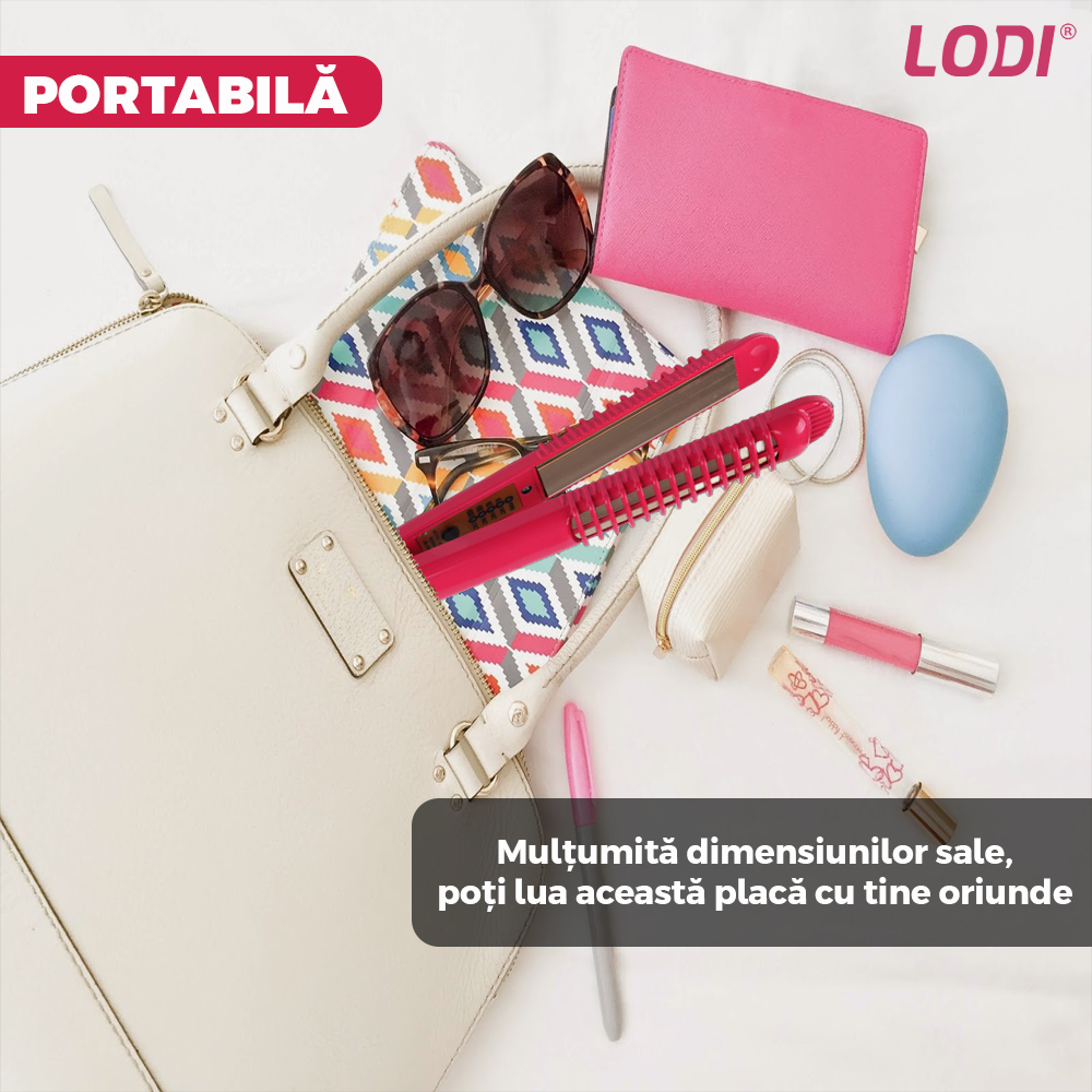 Placa profesionala de indreptat parul Lodi457, invelis ceramic, portabila, 4 trepte de temperatura, easy lock, par umed si uscat, 210°, roz