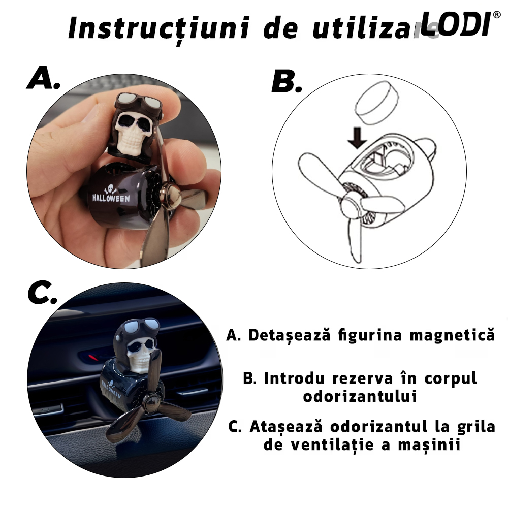 Difuzor Auto Aromaterapie Lodi339 car pilot skeleton, kit odorizant, 2 arome cu extracte naturale incluse