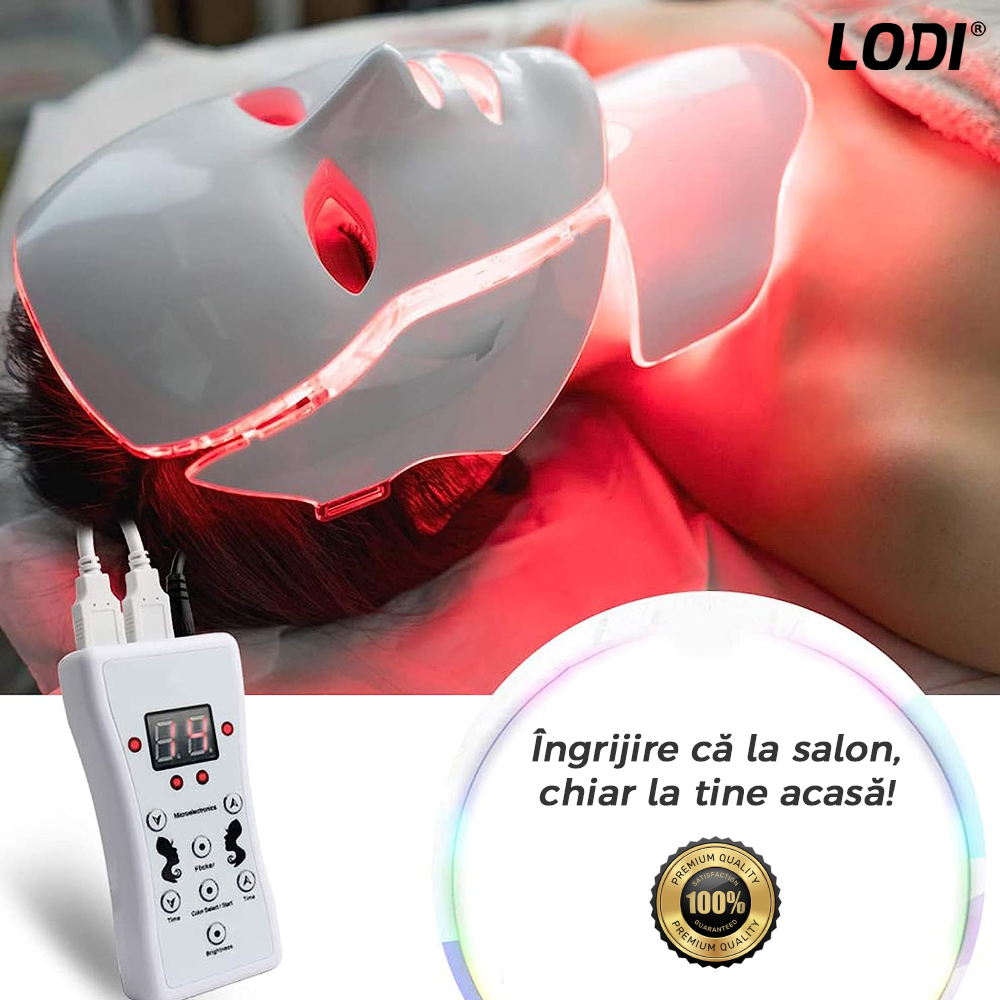 Masca Faciala 7in1 cu Led Lodi8, beneficii anti-imbatranire, reducerea ridurilor/acnee/pete, iluminare ten, curent galvanic, tratament complet, alb