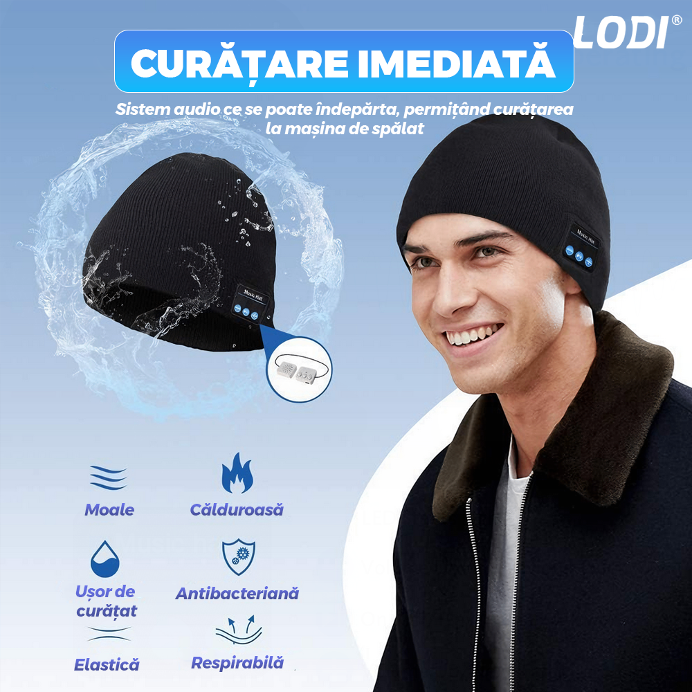 Caciula Bluetooth Unisex Lodi1492, hands-free, microfon, difuzoare stereo incorporate, sistem audio detasabil, curatare usoara, comoda, pentru alergare/drumetii, negru