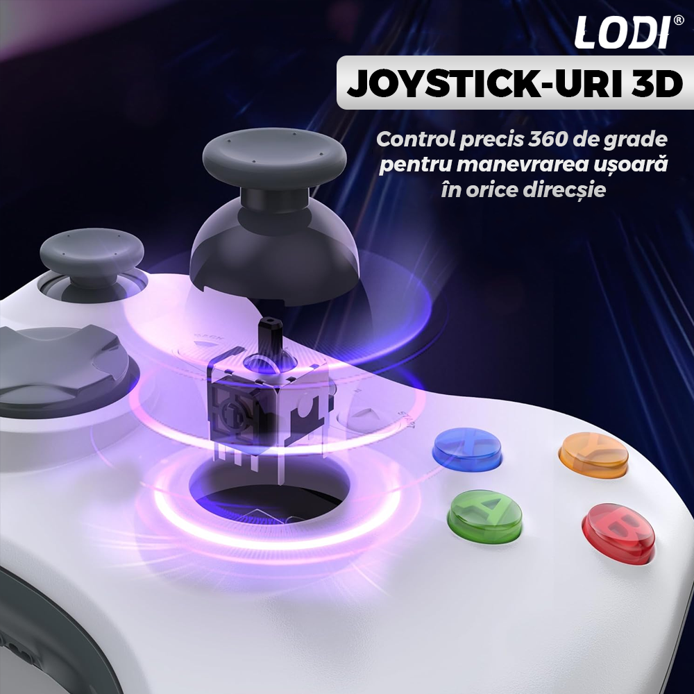Controller de Joc cu Fir Lodi1426, compatibil cu Xbox 360/Slim/PC Windows 7/8/10, vibrații duble turbo cu 3 intensități, sensitivitate ridicată, cablu cu lungime de 2.5 m, alb