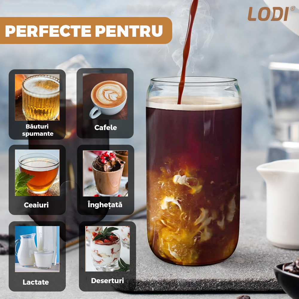 Set 4 Pahare de Sticla cu Capac si Pai Lodi1005, sticla borosilicata, perie pentru curatare inclusa, capac din bambus, design modern, termorezistente, capacitate 500 ml, 15 cm