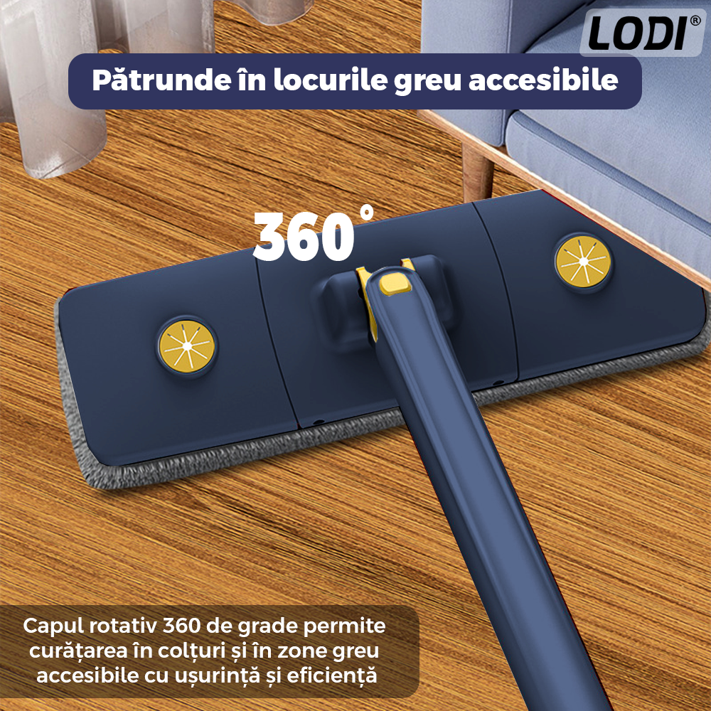 Mop cu Cap Dreptunghiular Lodi1176, rotire 360 grade, telescopic, curatare usoara, 5 lavete incluse, 123 cm, albastru/galben
