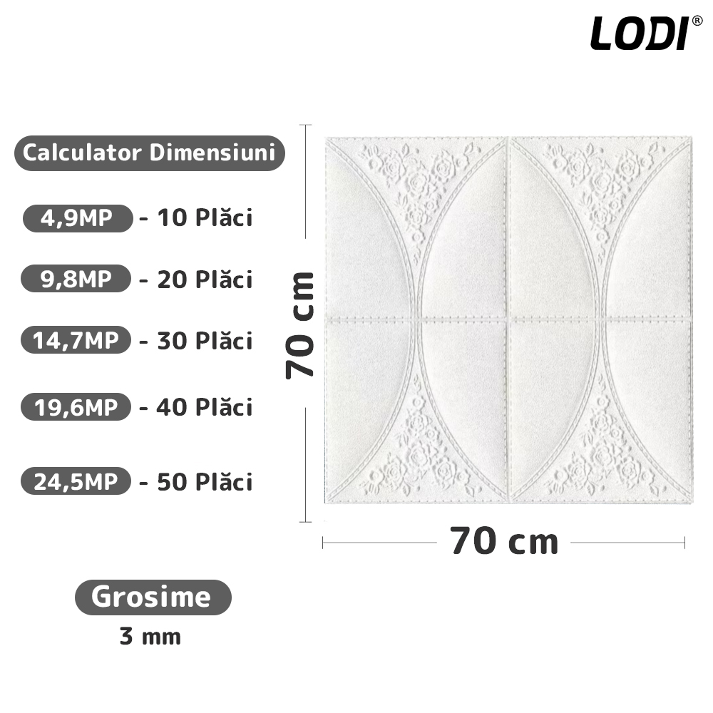 Set Tapet 3D Lodi128, suprafata acoperire 4.9 mp, autoadeziv, Model Floral, perete/tavan, waterproof, usor de montat, design modern, 70x70 cm, alb