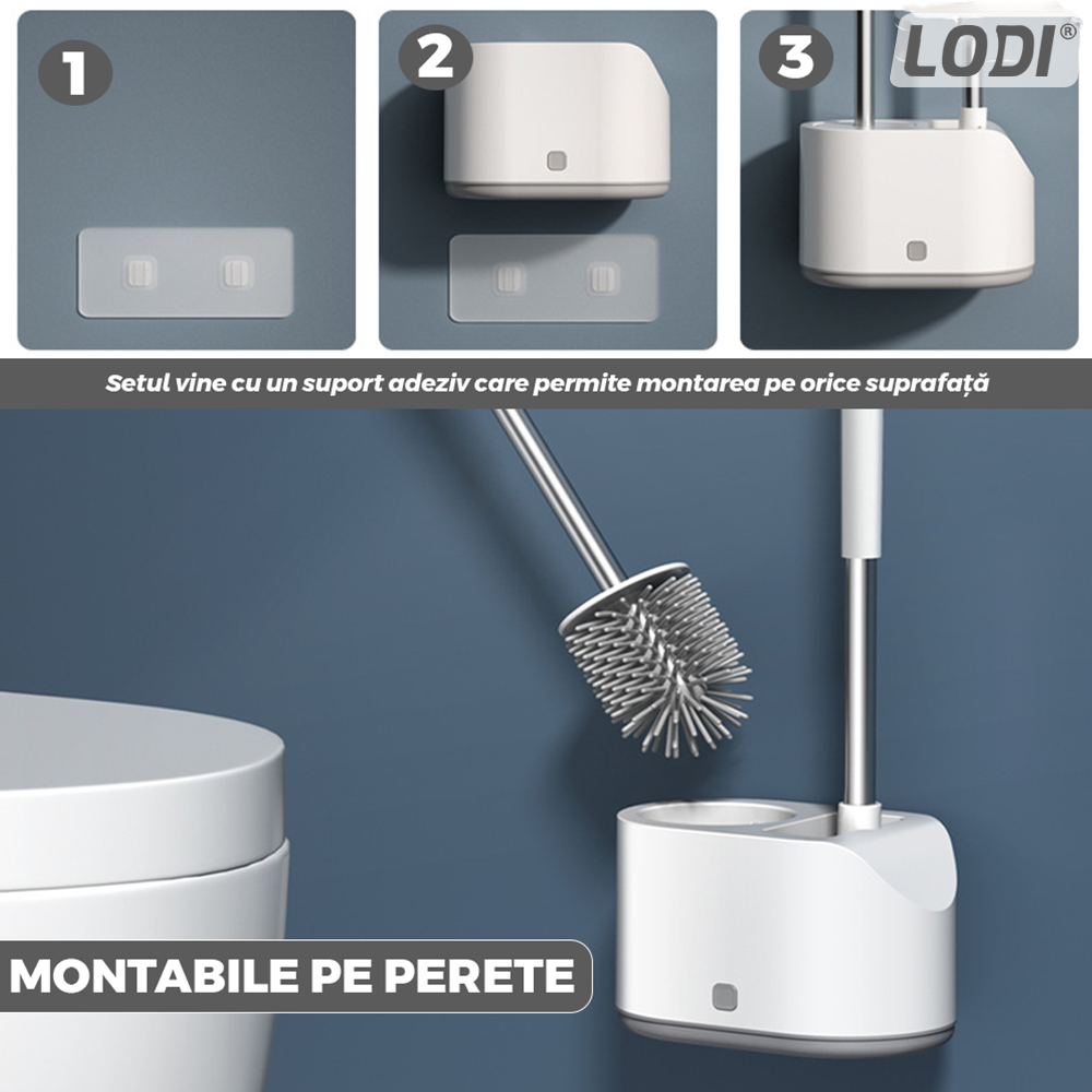 Set 2 Perii pentru Toaleta Lodi1107, perie de silicon, perie zimtata, cap flexibil, suport adeziv pentru montarea pe perete, curata orice tip de suprafata, alb/gri