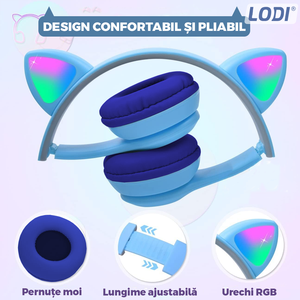 Casti Wireless Model Pisica Lodi955, P47M, overear, urechi de pisica cu iluminare RGB, bluetooth 5.0, handsfree, HiFi, bass stereo, albastru deschis