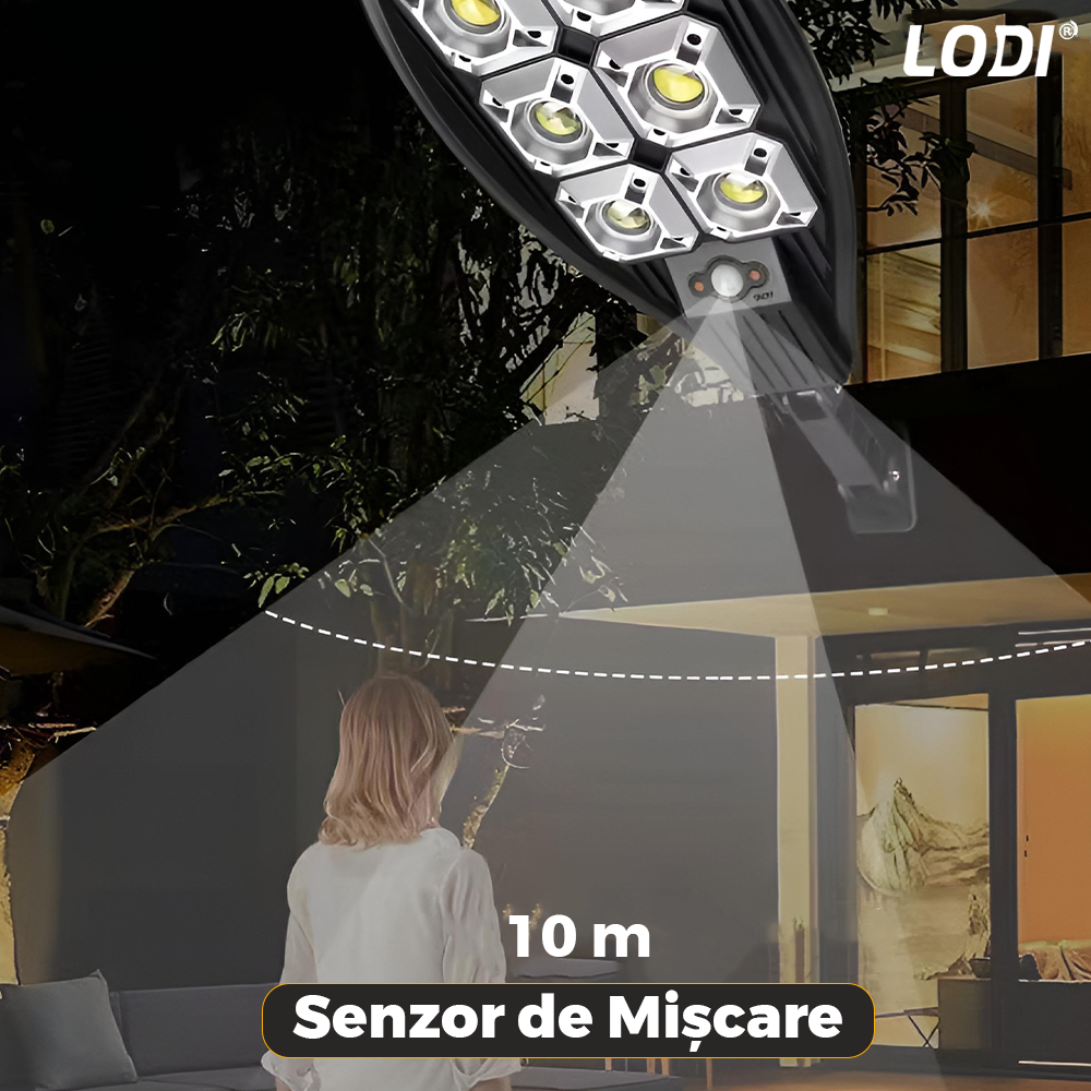 Lampa Solara Stradala 6 LED-uri Lodi866, tip bec, rotunda, control prin telecomanda, senzor de miscare, 3 moduri de iluminare, protectie IP65, Waterproof, exterior, negru