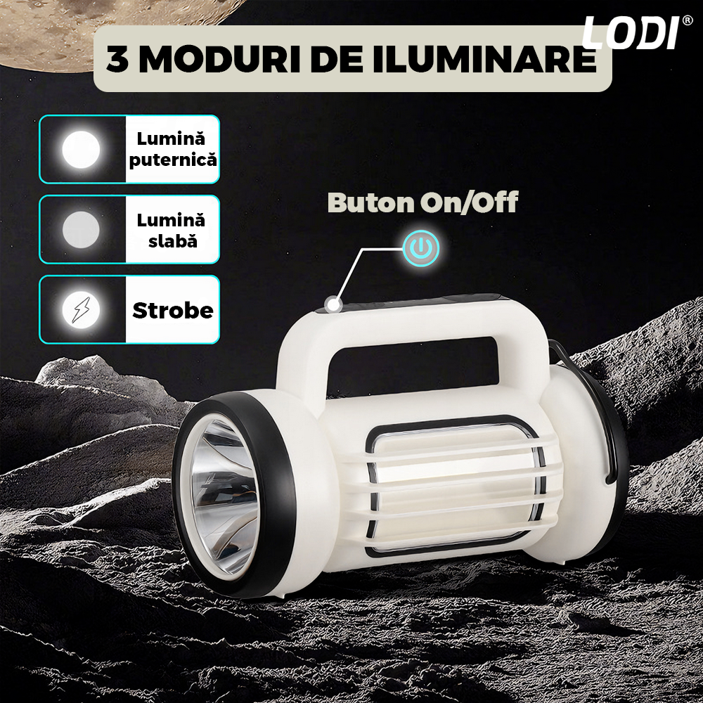 Lanterna LED 2 in 1 Lodi1082, tip felinar, multifunctionala, 3 surse de lumina, luminozitate ajustabila, functie de power bank, alimentare la retea, tehnologie LED+COB, alb