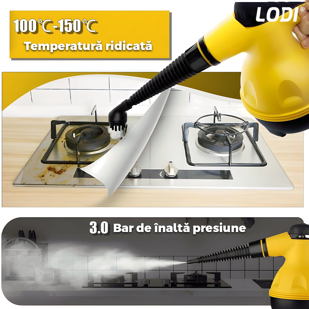 Aparat de Curat cu Abur Lodi1515, 3 Bar, incalzire imediata, capacitate mare, rezervor de 350 ml, presiune ridicata, temperatura 100-150°, accesorii incluse, putere 1200 W, galben/negru