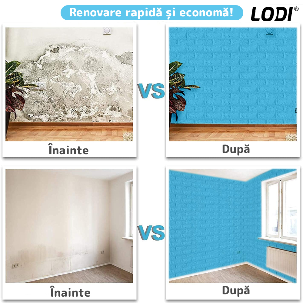 Set Tapet Caramida 3D Lodi52, suprafata acoperire 5.3 mp, autoadeziv, waterproof, usor de montat, design modern, 70x77 cm, albastru
