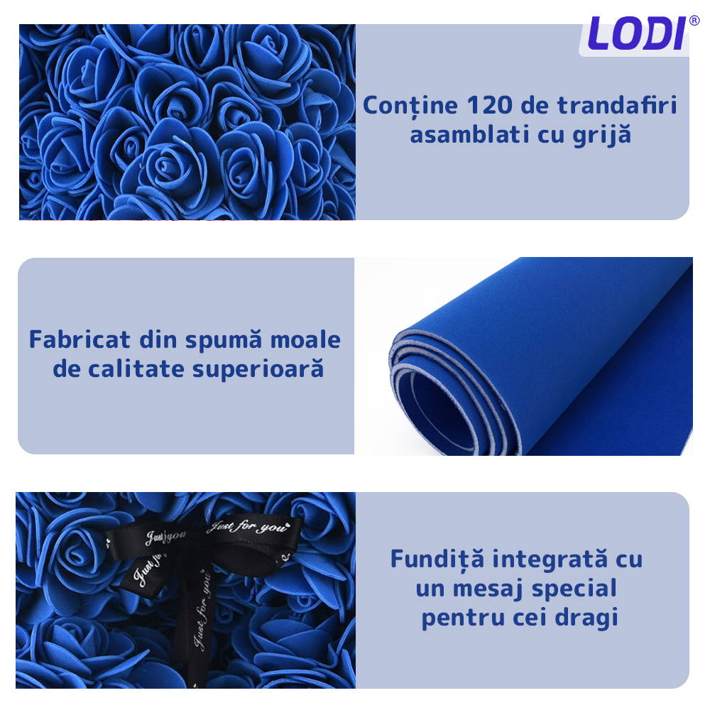 Ursulet din Trandafiri de Spuma Lodi332, floral albastru, handmade, cutie transparenta, 25 cm