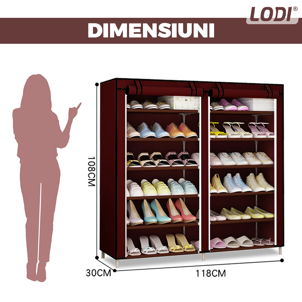 Pantofar din Material Textil pentru Incaltaminte Lodi1115, impermeabil, 12 rafturi, inchidere fermoar, cadru otel, 108 cm, maro