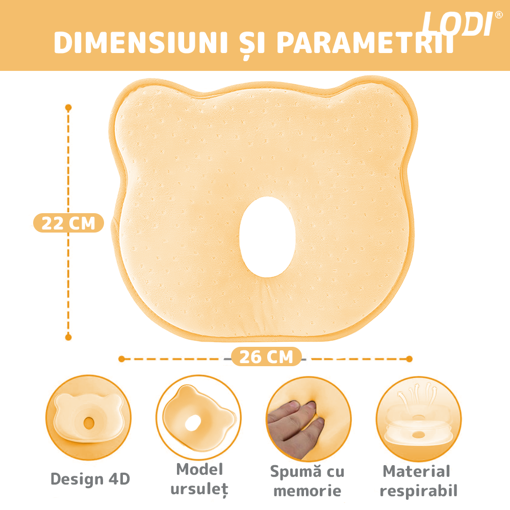 Perna pentru Bebelusi Lodi1201, model ursulet, husa de protectie inclusa, spuma cu memorie, anti-plagiocefalie, pentru formarea capului, 26x22 cm, galben