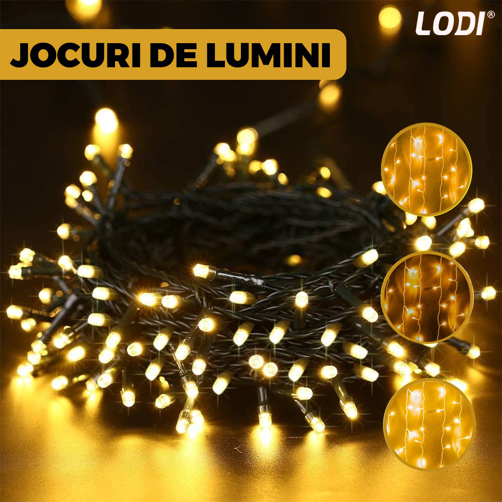 Instalatie de Craciun Liniara cu Panou Solar Lodi1458, 20 m, 8 jocuri de lumini, alimentare la priza, fir verde, interior/exterior, rezistenta la apa, 200 LED-uri, alb cald
