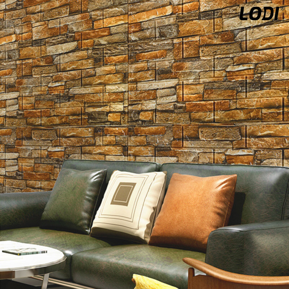 Set Tapet Caramida 3D Lodi84, Model Piatra Naturala, suprafata acoperire 5.3 mp, autoadeziv, waterproof, usor de montat, design modern, 70x77 cm, maro