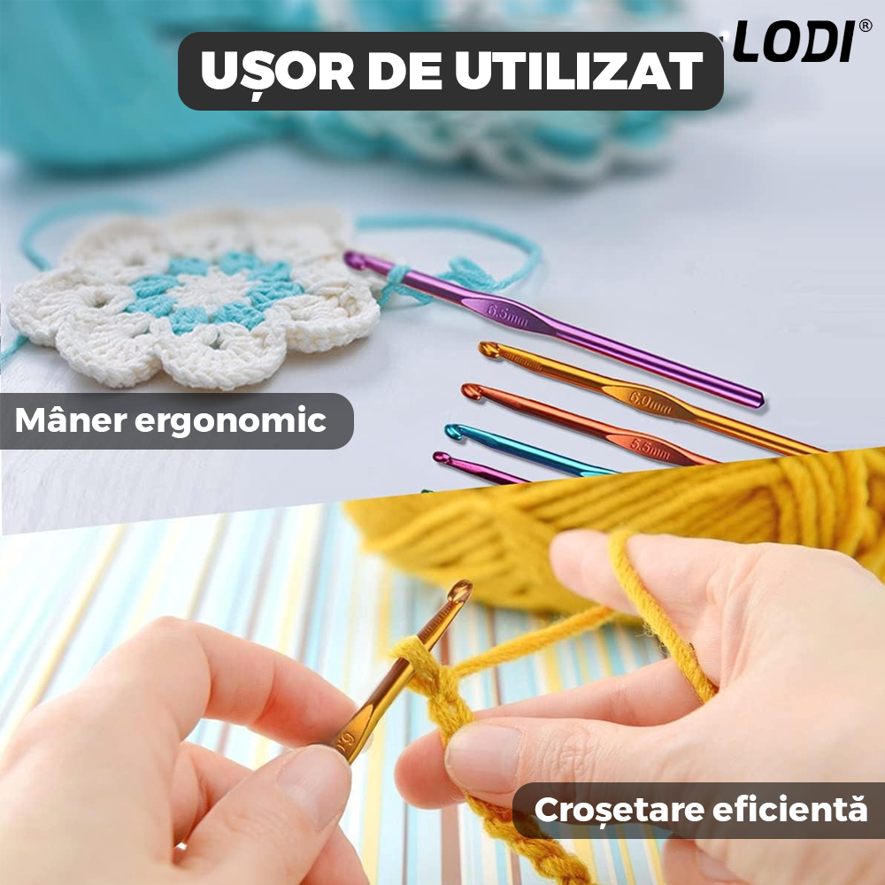 Set Profesional de Crosetat Lodi663, 100 de piese, 12 andrele subtiri argintii, 10 andrele groase multicolore, foarfeca, rigla si accesorii pentru tricotat, husa de depozitare, negru