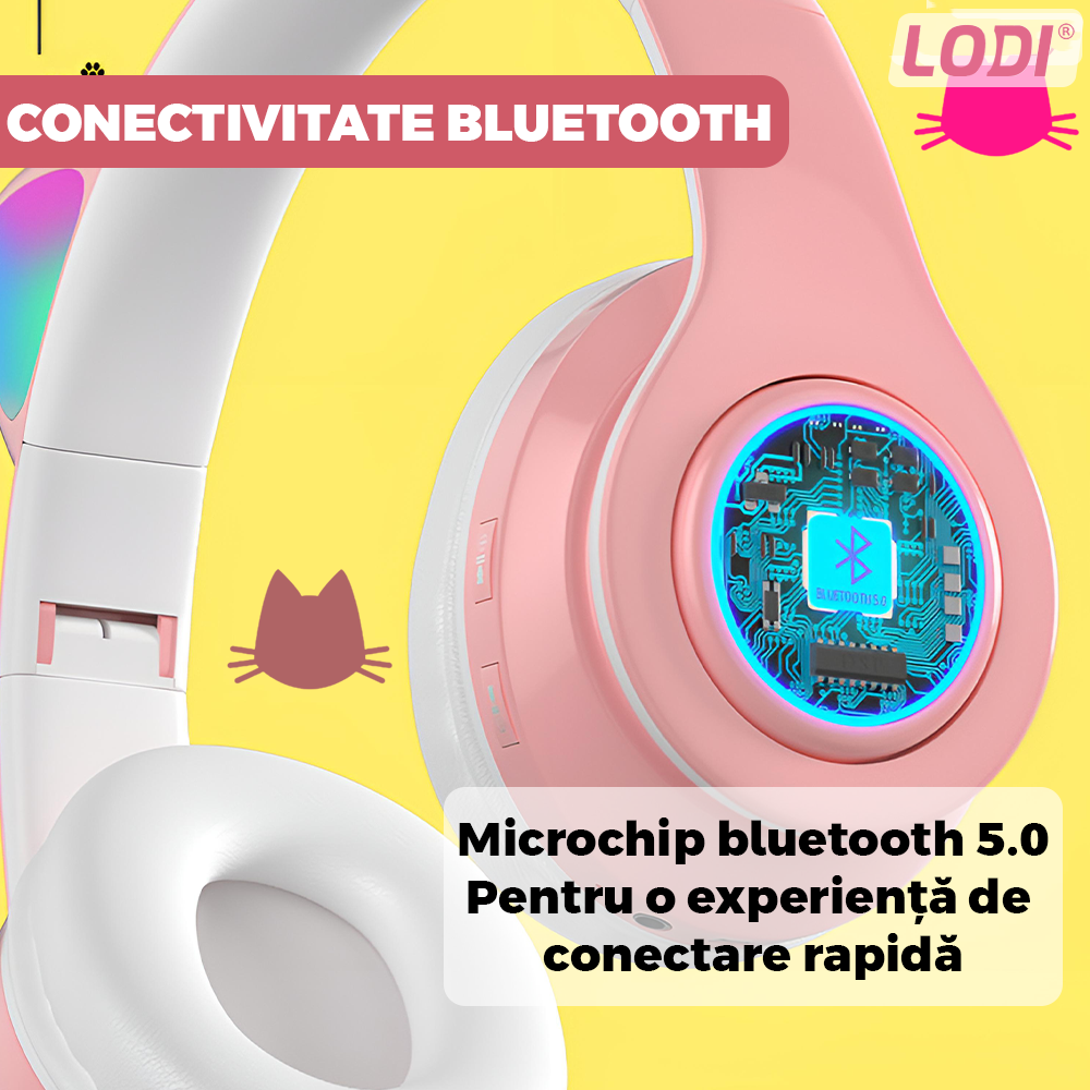 Casti Wireless Model Pisica Lodi949, B39, overear, urechi de pisica cu iluminare RGB, bluetooth 5.0, handsfree, HiFi, bass stereo, roz