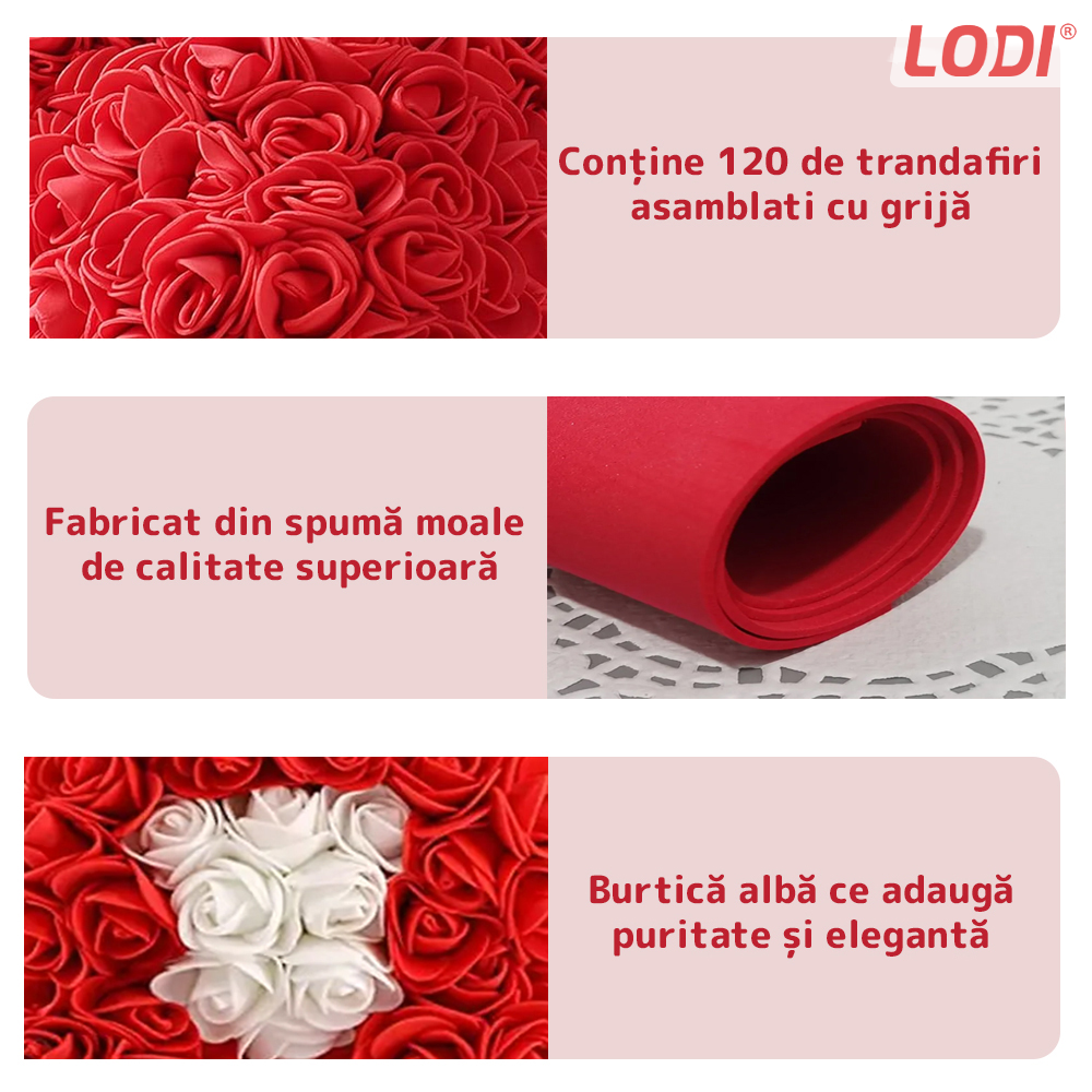 Ursulet din Trandafiri de Spuma Lodi334, floral rosu cu burtica alba, handmade, cutie transparenta, 25 cm