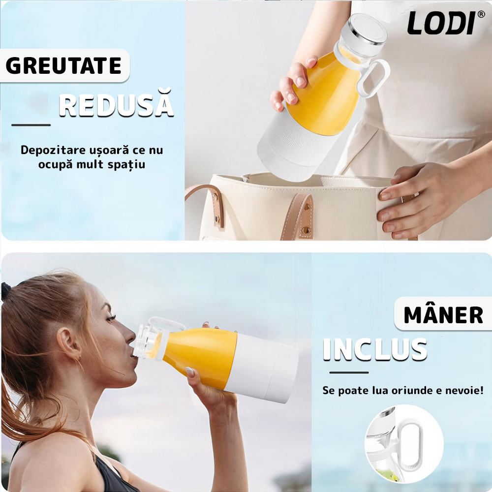Mini Blender Electric Lodi, forma de sticla, portabil, compact, multifunctional, autocuratare, autonomie ridicata, smoothie/milkshake, capacitate 420 ml, 40W
