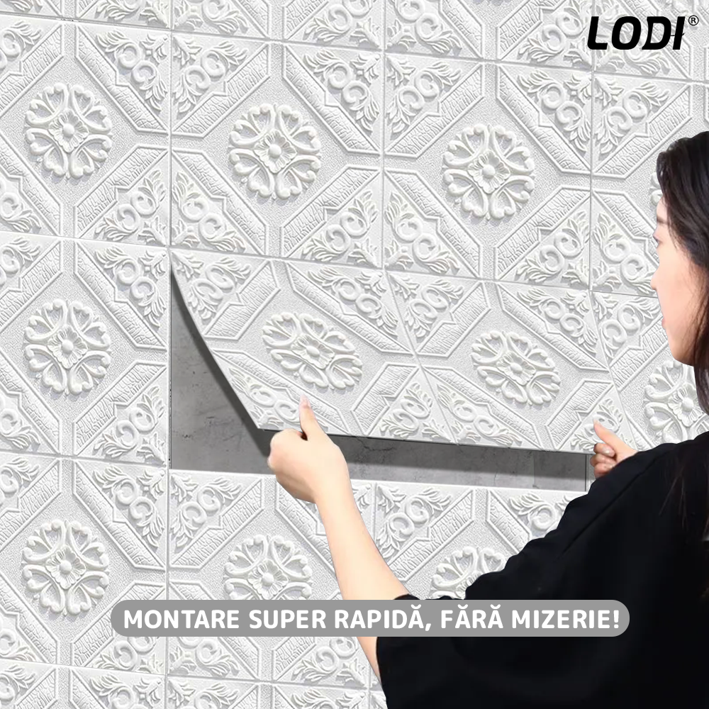 Set 10x Tapet 3D Lodi774, suprafata acoperire 4.9 mp, autoadeziv, Model Floral Carou, perete/tavan, waterproof, usor de montat, design modern, 70x70 cm, alb