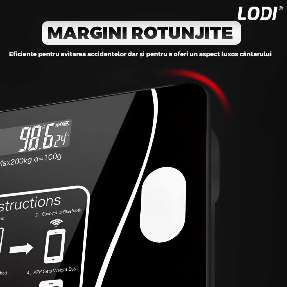 Cantar Electronic Inteligent Lodi1285, pentru baie, corporal, aplicatie smart, indicator greutate/baterie/temperatura, conectare bluetooth, afisaj digital iluminat, greutate maxima suportata 180 kg, baterii incluse, negru