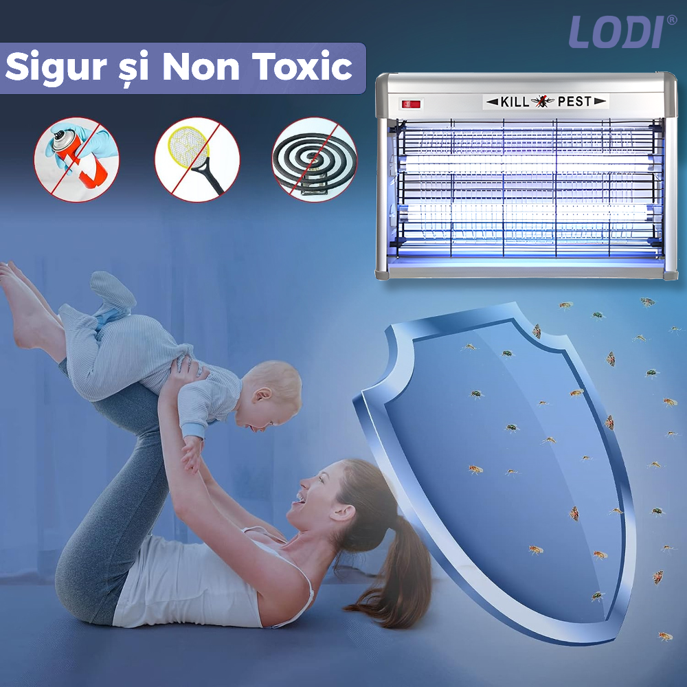Aparat Electric Anti-Insecte Lodi1171, 16W, Insectocutor cu 2x tuburi ultraviolete, raza de actiune 200 m², unghi de propagare 360º, design modern, gri