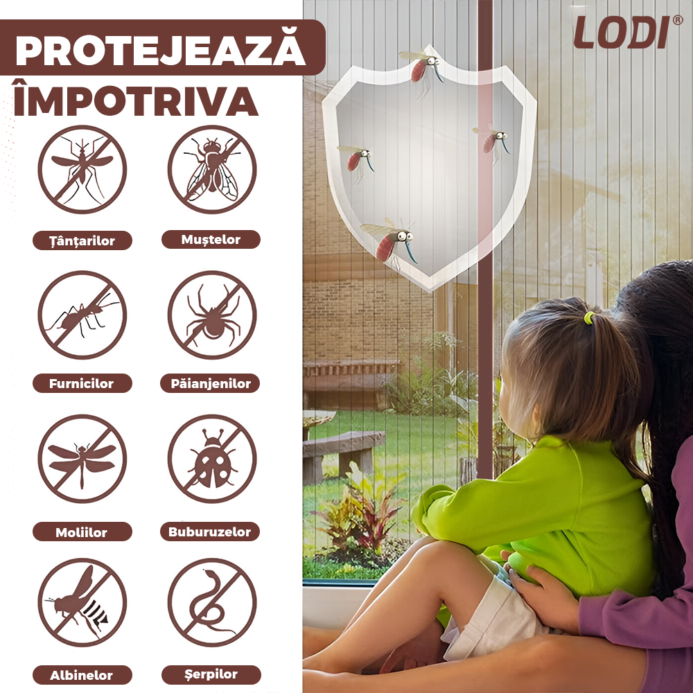 Plasa pentru Usa cu Inchidere Magnetica Lodi1200, anti-insecte, tanrari, muste, paianjeni, montare velcro, materiale calitative, rezistenta, 185x104 cm, maro