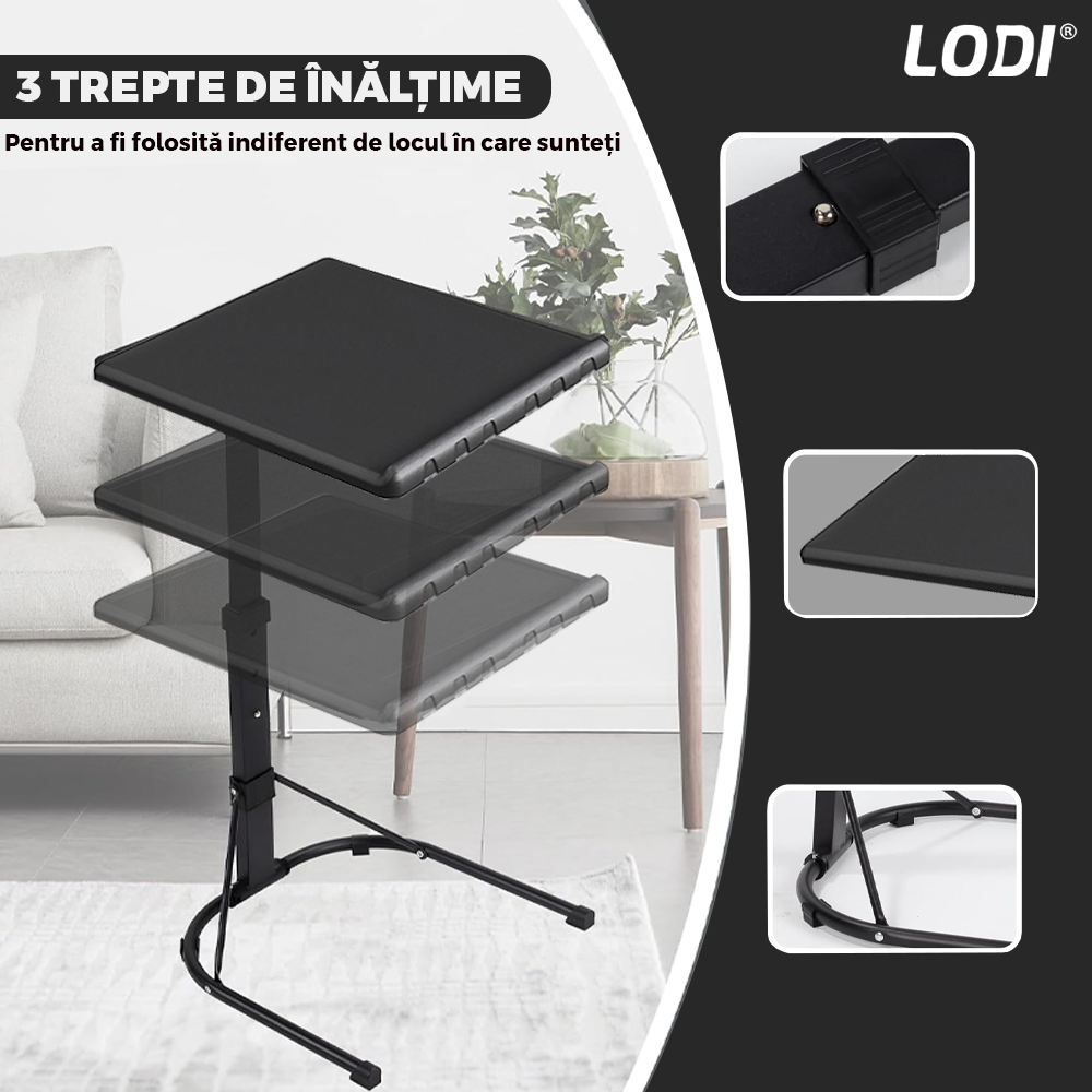 Masa Laptop Multifunctionala Lodi626, patrata, 3 trepte de inaltime, unghi ajustabil, cadru metalic, rezistenta, negru, 43 x 43 cm