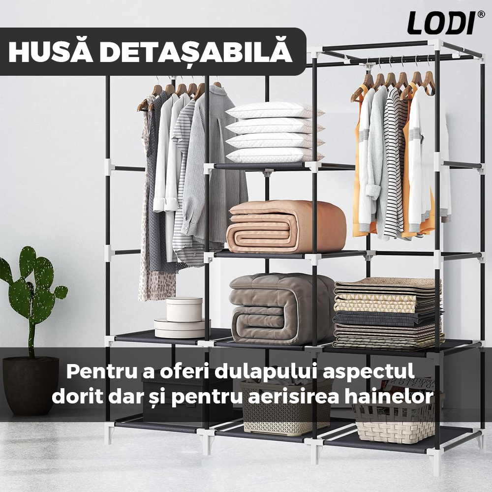 Dulap din Material Textil pentru Haine si Incaltaminte Lodi423, impermeabil, 8 rafturi, inchidere fermoar, suport umerase, cadru otel, 170 cm, gri