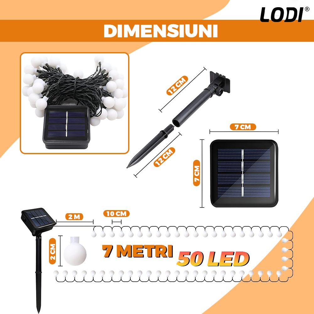 Ghirlanda Solara cu Globuri Lodi1262, 50 de LED-uri, incarcare solara, autonomie ridicata, protectie IP65, 8 moduri de iluminare, 7 metri, alb cald
