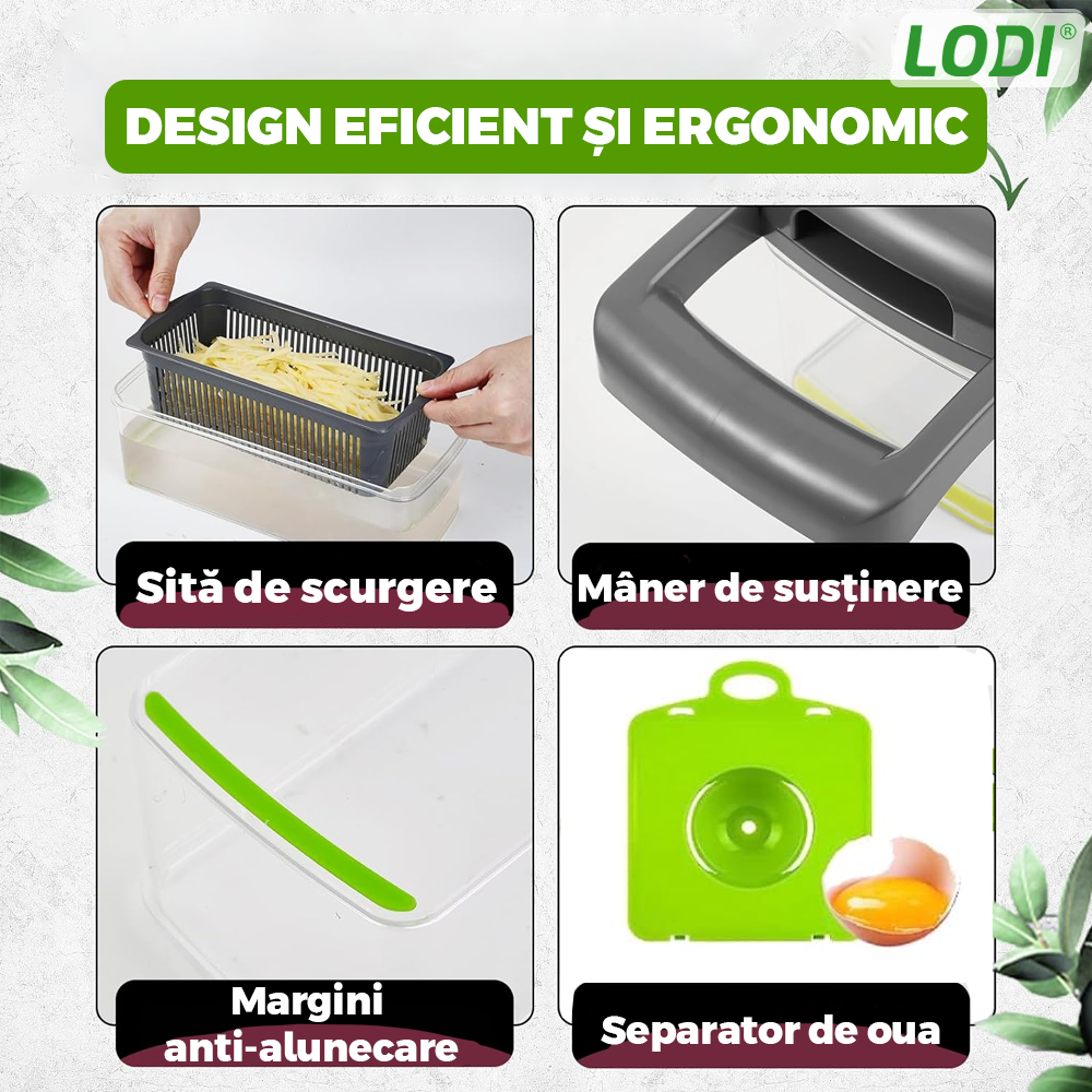 Feliator de Legume 13 in 1 Lodi752, multifunctional, 8 taieturi, accesorii pentru tocat, maruntit, feliat, julienne, separator de oua, lame de inox, 28 x 13 cm, verde