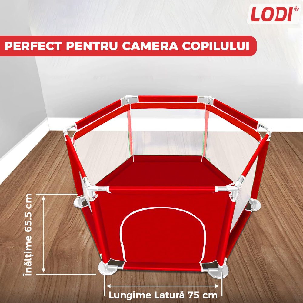 Tarc/Loc de Joaca pentru Copii Lodi1068, usa cu fermoar exterior, plasa, materiale calitative, usor de montat, dimensiuni 125x110x65.5, rosu