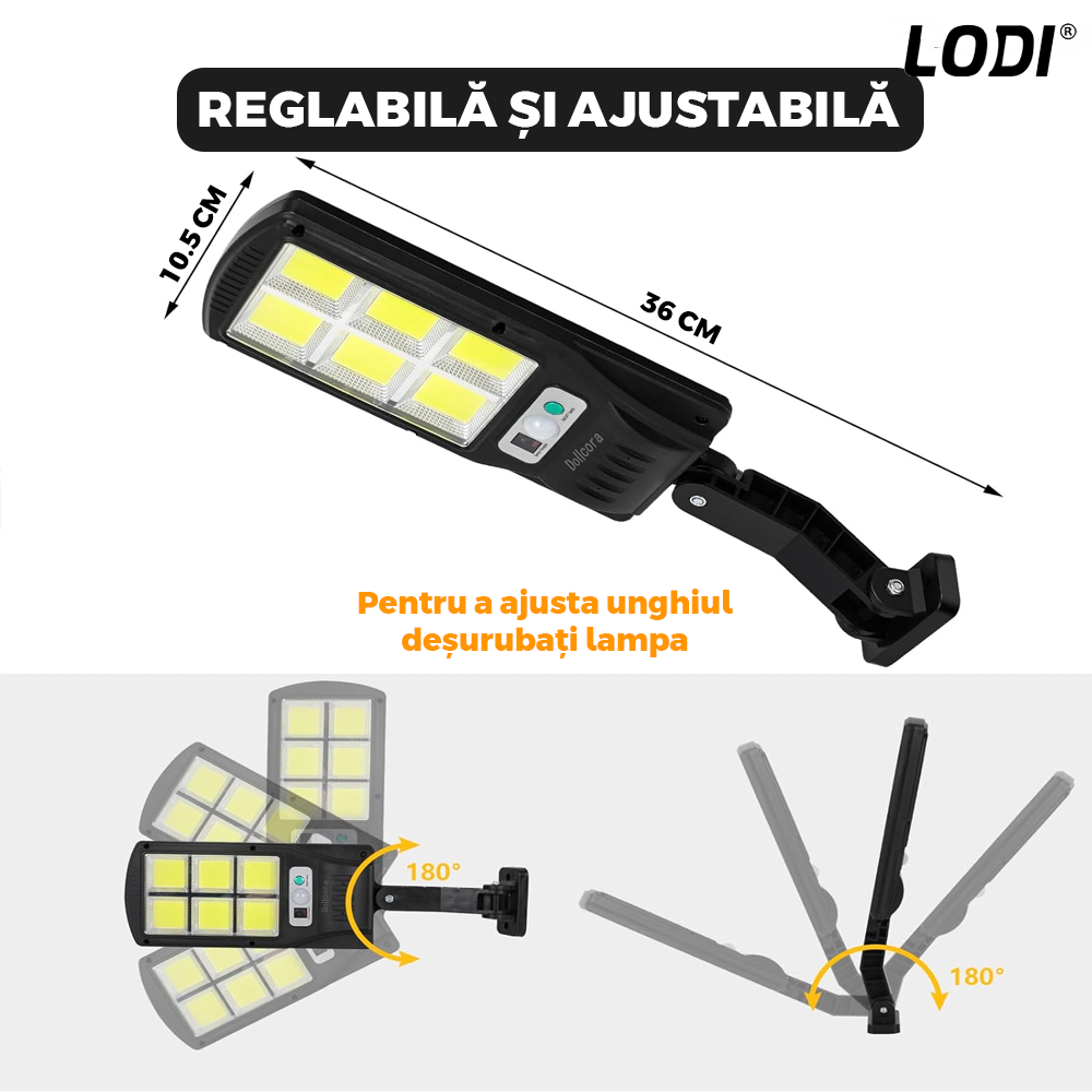 Lampa Solara Stradala 6 LED-uri Lodi861, control prin telecomanda, senzor de miscare, 3 moduri de iluminare, protectie IP67, Waterproof, exterior, negru