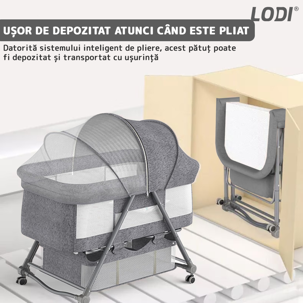 Patut Pliabil pentru Bebelusi Lodi1069, 3 trepte de inclinare, sistem de blocare, plasa anti-insecte, cos depozitare, gri