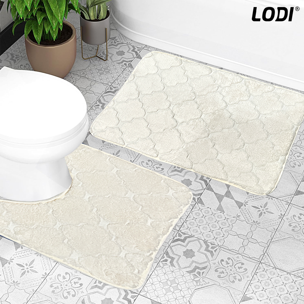 Set 2 Covorase de Baie Lodi1013, anti-derapante, material moale, design modern, model floral, 80x50 & 50x40cm, bej