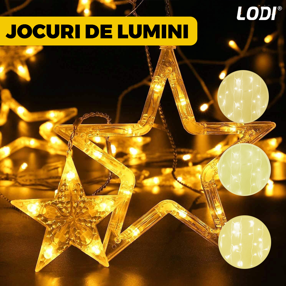 Instalatie de Craciun Tip Perdea Lodi1444, 3x3 m, model stelute, 8 jocuri de lumini, alimentare la priza, fir transparent, interior/exterior, rezistenta la apa, 12 figurine, alb cald