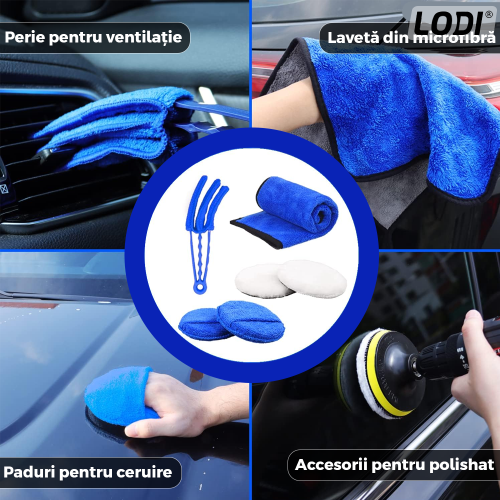 Set Premium 26 Piese Detailing Auto Lodi677, curatare masina Interior-exterior, 5 pensule detaliu, burete aplicator, laveta microfibra, perii aer conditionat, perii de zimtate, manusa microfibra fata-verso, albastru