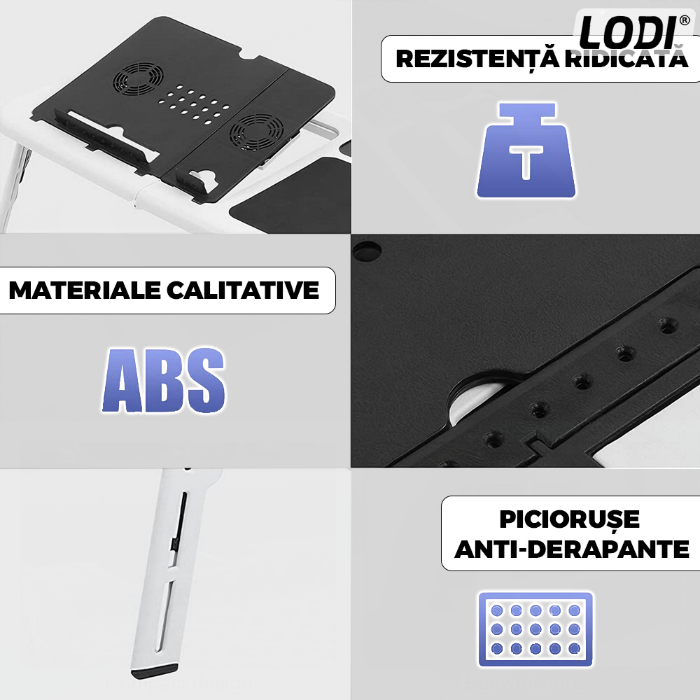 Masuta Universala Lodi1517, pliabila, pentru laptop/tableta/ mic dejun la pat, sistem cu fante de racire, suport pentru pahar, unghi reglabil, usor de depozitat, alb/negru