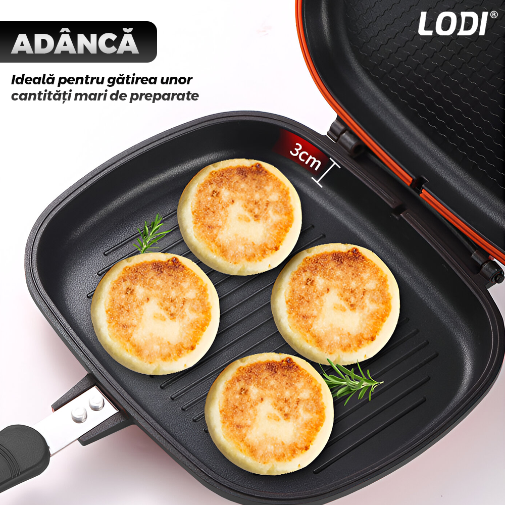 Tigaie Dubla cu Presiune Lodi1295, doua fete, pliabila, pluristratificata, invelis din ceramica, pentru griil sau gatit clasic, negru