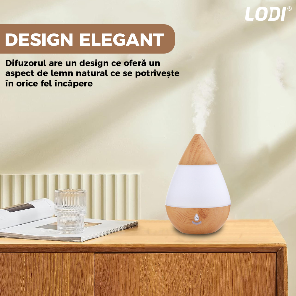 Difuzor Aromaterapie Lodi214, 7 culori LED, lumini dinamice, buton on/off, capacitate 235ml, silentios, umidifica aerul, stejar deschis