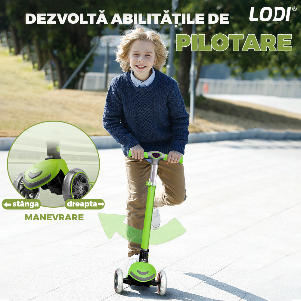 Trotineta pentru Copii cu Lumini Lodi1050, 3 roti, pliabila, anti-aluncare, inaltime ajustabila, stabila, frana, incorporata, 3-11 ani, verde