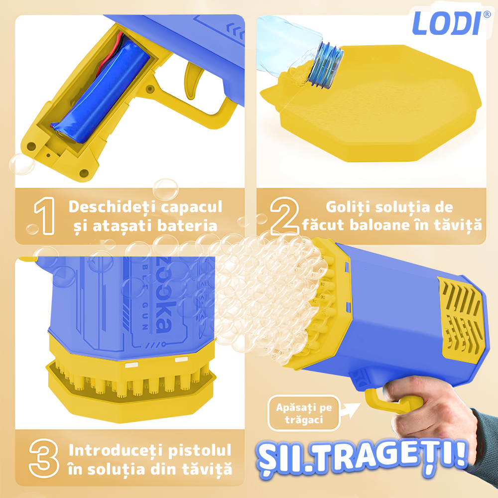 Pistol de Facut Baloane Bubble Gun Lodi1213, tip Bazooka, automat, 69 orificii pentru bule, alimentare cu baterii, albastru/galben