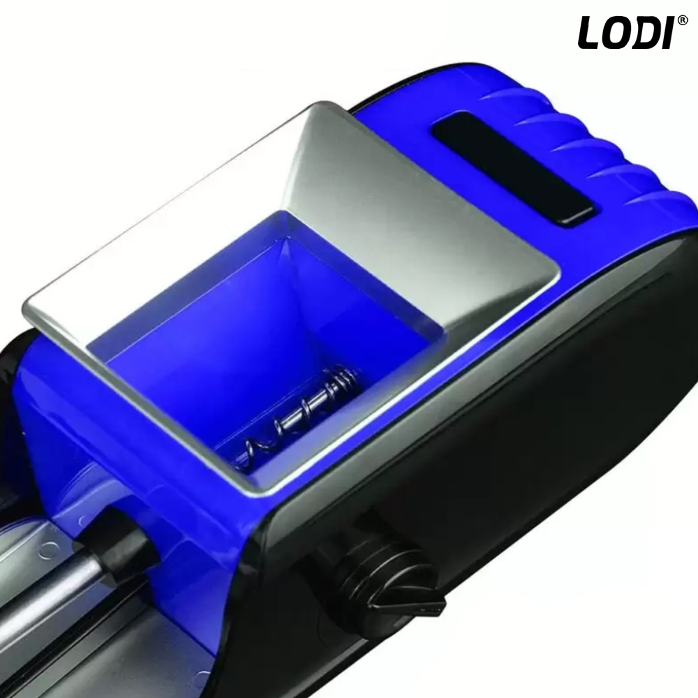 Aparat Electric de Facut Tigari Lodi272, 3 niveluri de maruntire, injector de tutun, dimensiune standard, ergonomic, accesorii incluse, albastru/negru