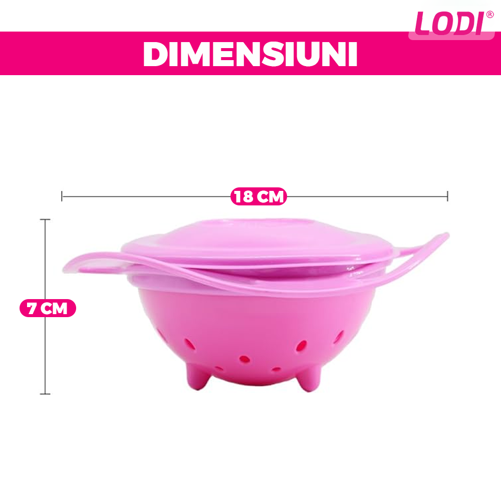 Castron Rotativ cu Protectie Anti-Varsare pentru Copii Lodi462, rotatie 360 grade, fara BPA, 18 cm, roz