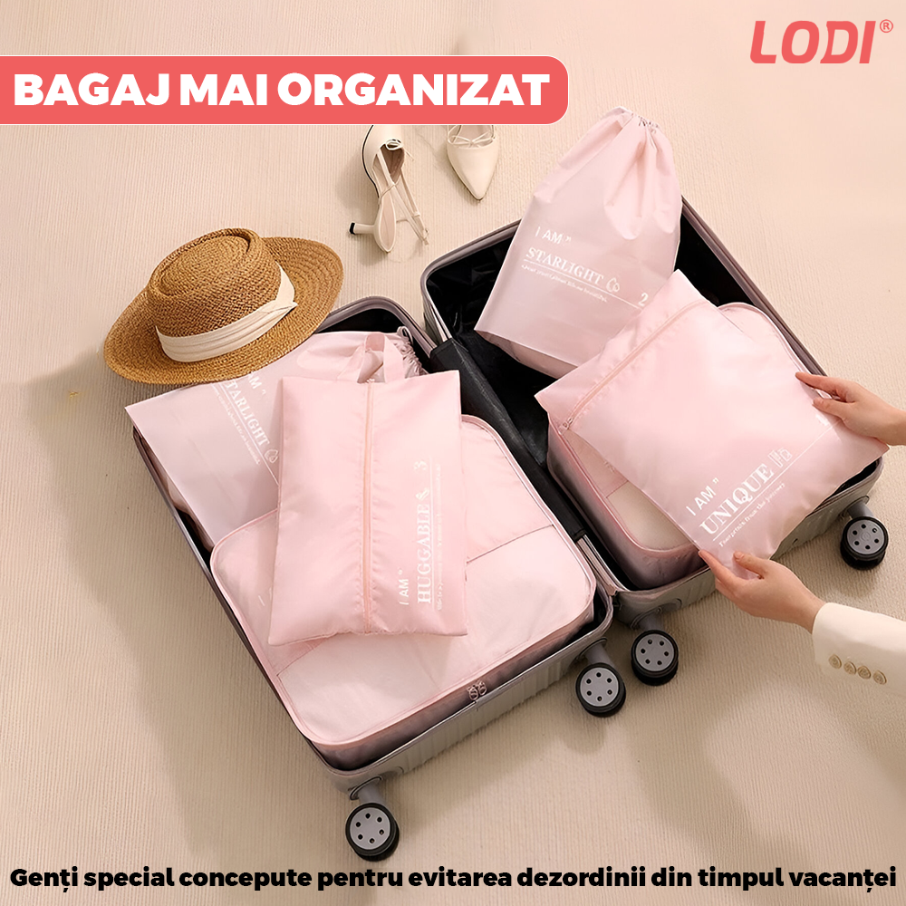 Set 6 Organizatoare Lodi1240, pentru calatorie, diferite marimi, bagaj de voiaj, valiza, troler, genti, haine, accesorii, inchidere cu fermoar dublu, plasa, roz