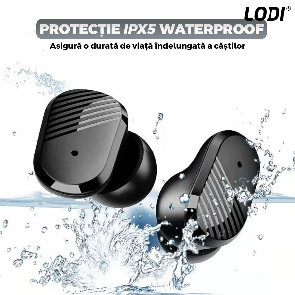 Casti Wireless Lodi985, TWS, Bluetooth 5.0, afisaj digital, carcasa magnetica, sunet stereo, compatibilitate univesala, design compact, autonomie 7 ore,negru