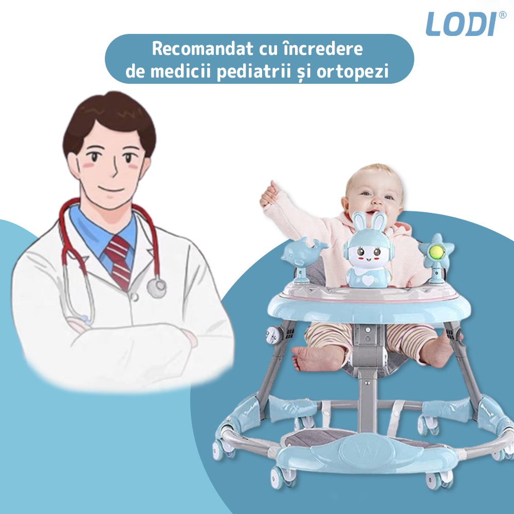 Premergator Multifunctional pentru Bebelusi Lodi30, tava cu 3 jucarii, muzica, reglabil, pliabil, greutate max 20kg, 6-36 luni, albastru