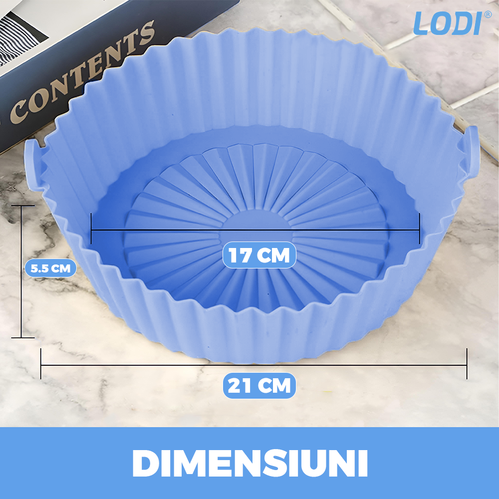Tava de Copt Rotunda Lodi987, pentru friteuza/cuptor/microunde, antiaderenta, rezistenta la temperaturi inalte, 21 x 17 cm, albastru