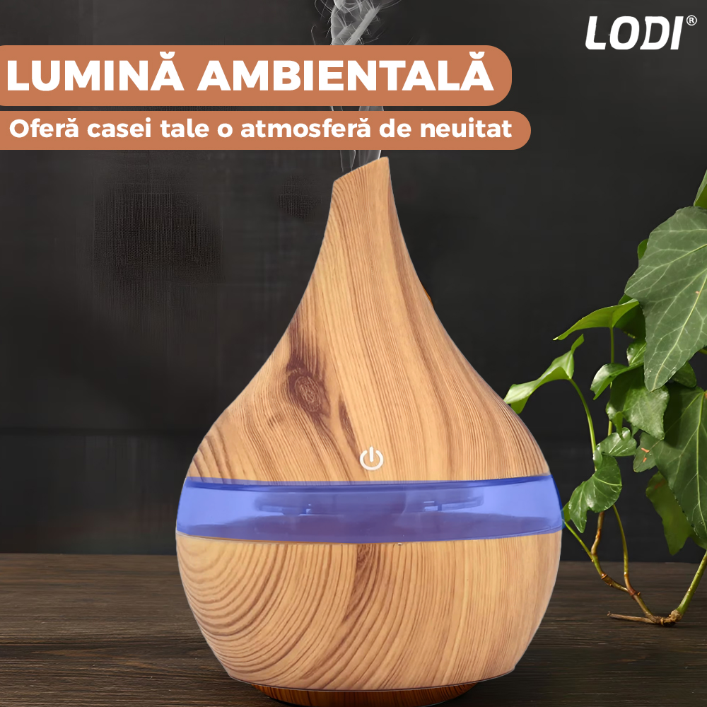 Difuzor Aromaterapie Lodi1462, forma conica, lumini ambientale, control tactil, capacitate 200ml, silentios, rezerva inclusa, alimentare USB, umidifica aerul, stejar deschis